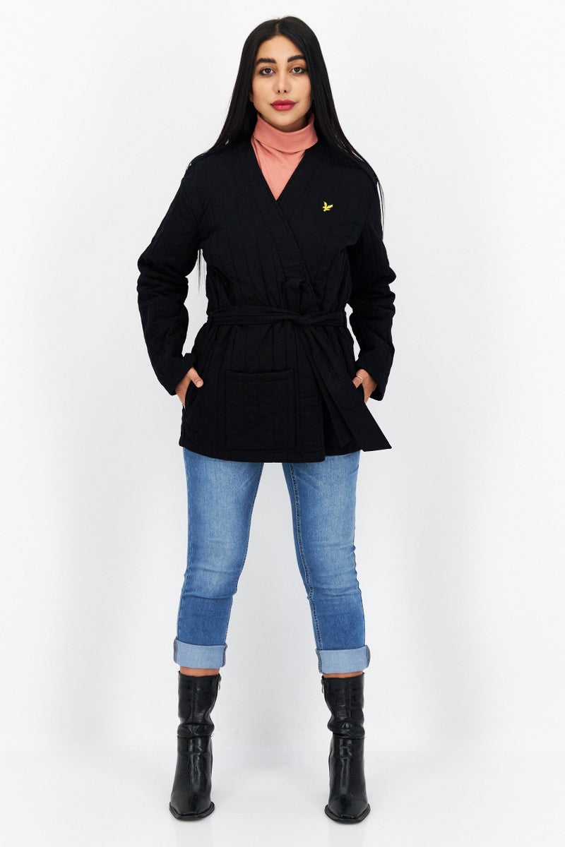 Lyle & Scott Women Split Neck Belted Quilted Jacket, Black - Image 3