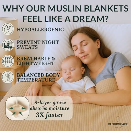 CloudScape Linen Cloud Scape Linen 8-Layer Muslin Blanket Queen Size - 100% Cotton, Soft and Breathable, Oversized Winter Blanket, Fits up to Full Size Bed, 92x92, Fog - Image 4