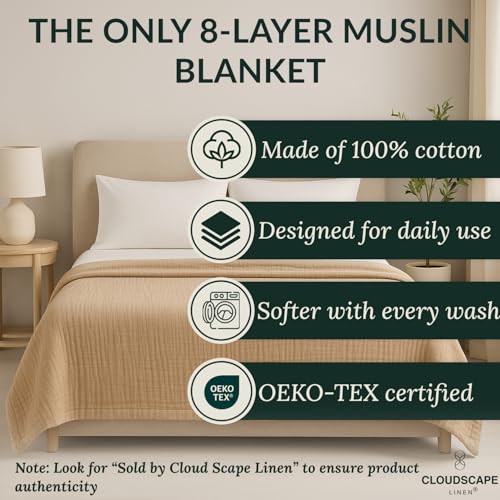 CloudScape Linen Cloud Scape Linen 8-Layer Muslin Blanket Queen Size - 100% Cotton, Soft and Breathable, Oversized Winter Blanket, Fits up to Full Size Bed, 92x92, Fog - Image 2