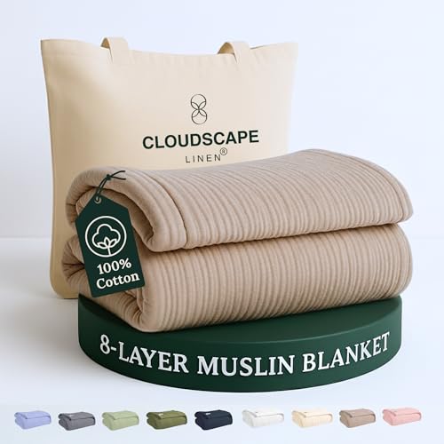 CloudScape Linen Cloud Scape Linen 8-Layer Muslin Blanket Queen Size - 100% Cotton, Soft and Breathable, Oversized Winter Blanket, Fits up to Full Size Bed, 92x92, Fog - Image 1