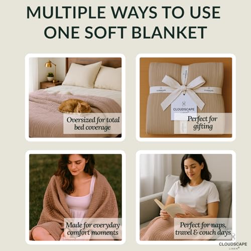 CloudScape Linen Cloud Scape Linen 8-Layer Muslin Blanket Queen Size - 100% Cotton, Soft and Breathable, Oversized Winter Blanket, Fits up to Full Size Bed, 92x92, Fog - Image 5