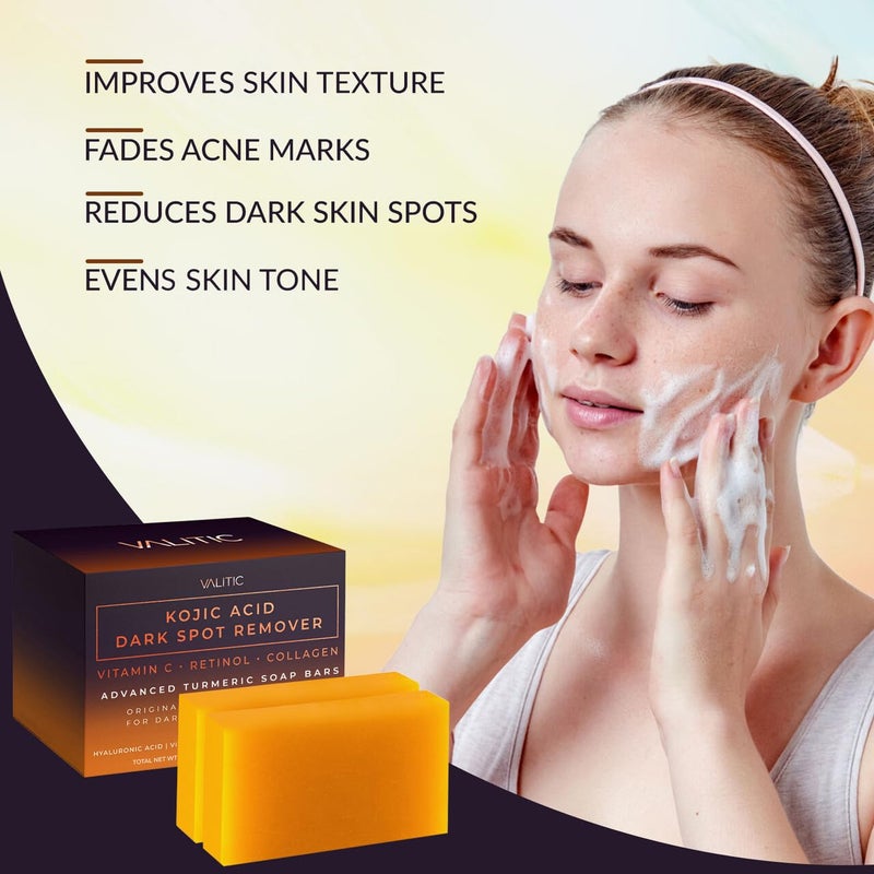 VALITIC Kojic Acid Dark Spot Remover Soap Bars with Vitamin C, Retinol, Collagen, Turmeric - Original Japanese Complex Infused with Hyaluronic Acid, Vitamin E, Shea Butter, Castile Olive Oil (2 Pack) - Image 5