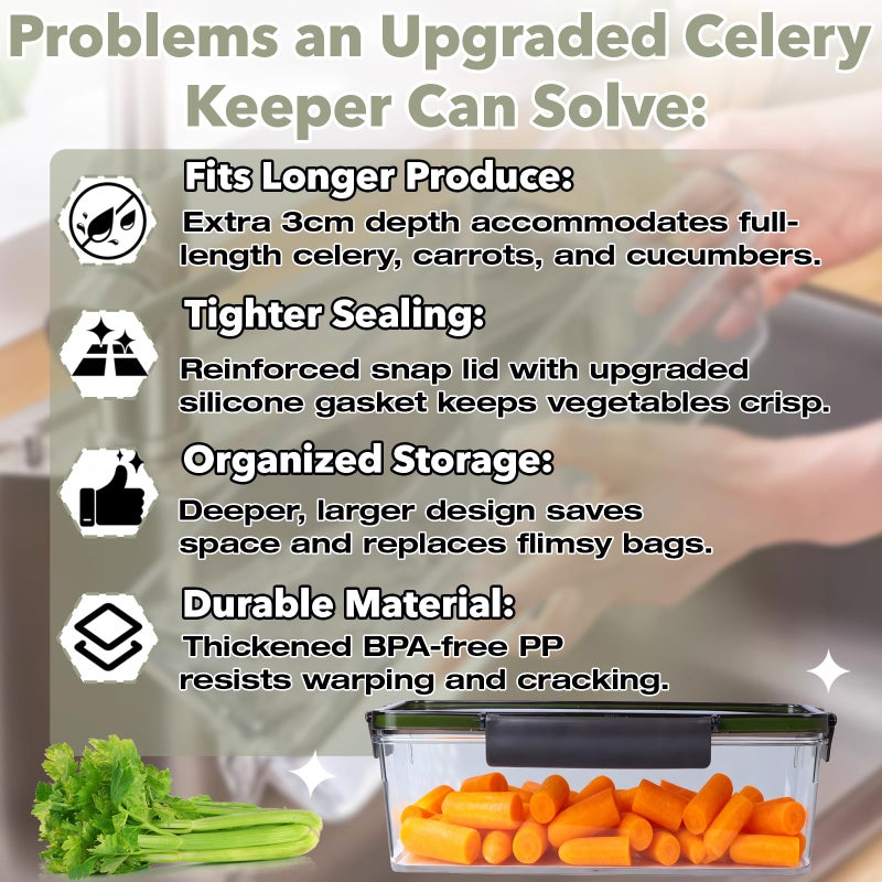 Stitokg Upgraded Celery Keeper for Refrigerator â€“ 3cm Deeper, BPA-Free Vegetable Storage Container with Reinforced Locking Lid, Durable PP Bin for Fresh Celery, Carrots & Cucumbers - Image 3