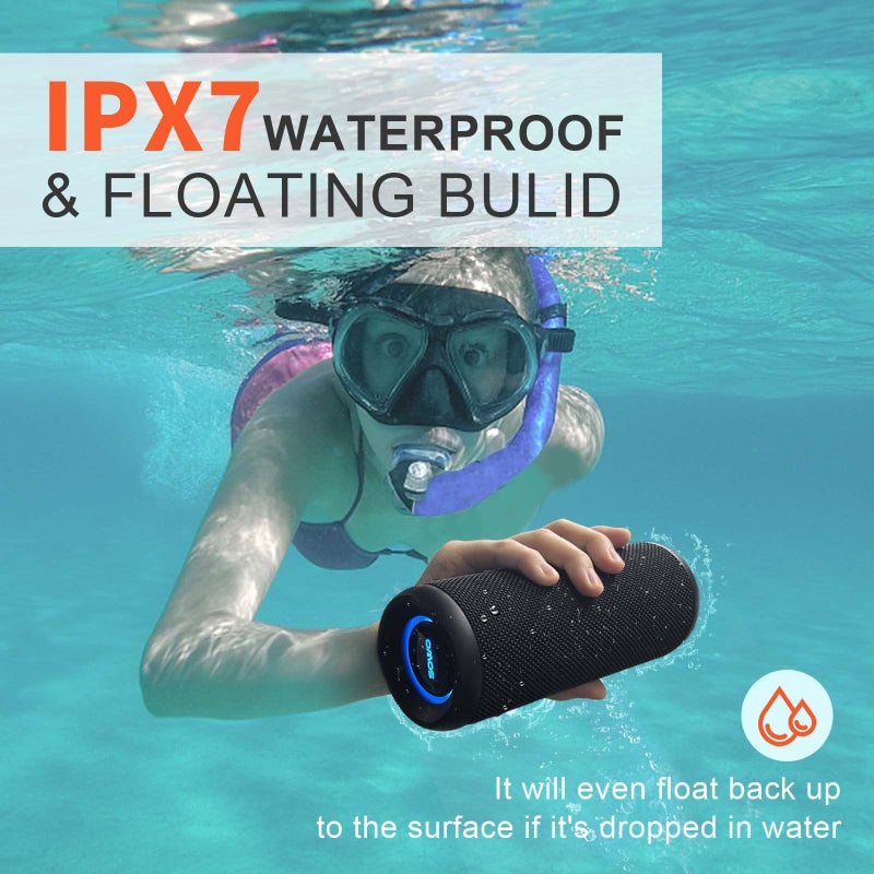 SOWO مكبر صوت محمول لاسلكي، مكبر صوت بلوتوث مقاوم للماء IPX7، صوت ستيريو عالٍ 25 واط، تقنية باس بوم، اقتران TWS، ميكروفون مدمج، 16 ساعة من وقت التشغيل مع أضواء للاستخدام المنزلي والخارجي - أسود - Image 3
