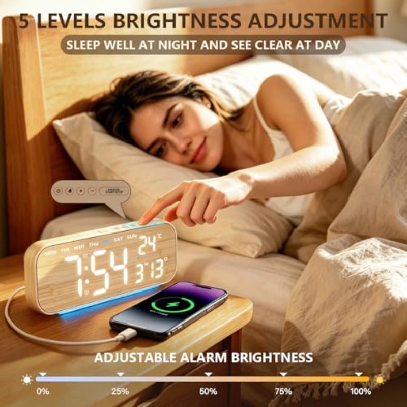 10'' Digital Alarm Clock LED Digital Clock with RGB Ambient Light with Day Date Temperature 12 24H Dual Alarm Snooze Bedside Desk Table Clock for Bedroom Office Elderly Wood Finish - Image 4