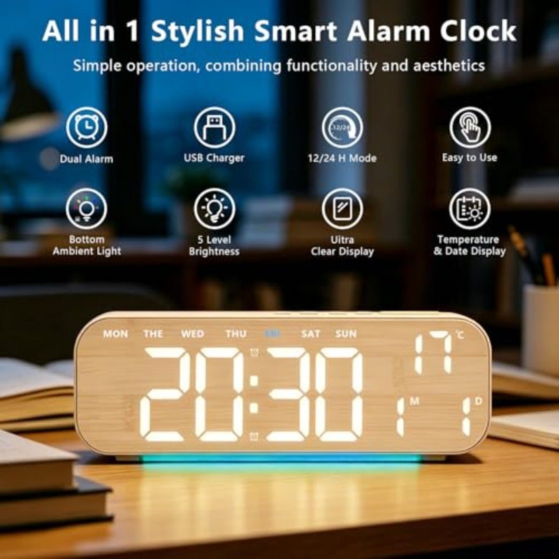 10'' Digital Alarm Clock LED Digital Clock with RGB Ambient Light with Day Date Temperature 12 24H Dual Alarm Snooze Bedside Desk Table Clock for Bedroom Office Elderly Wood Finish - Image 3