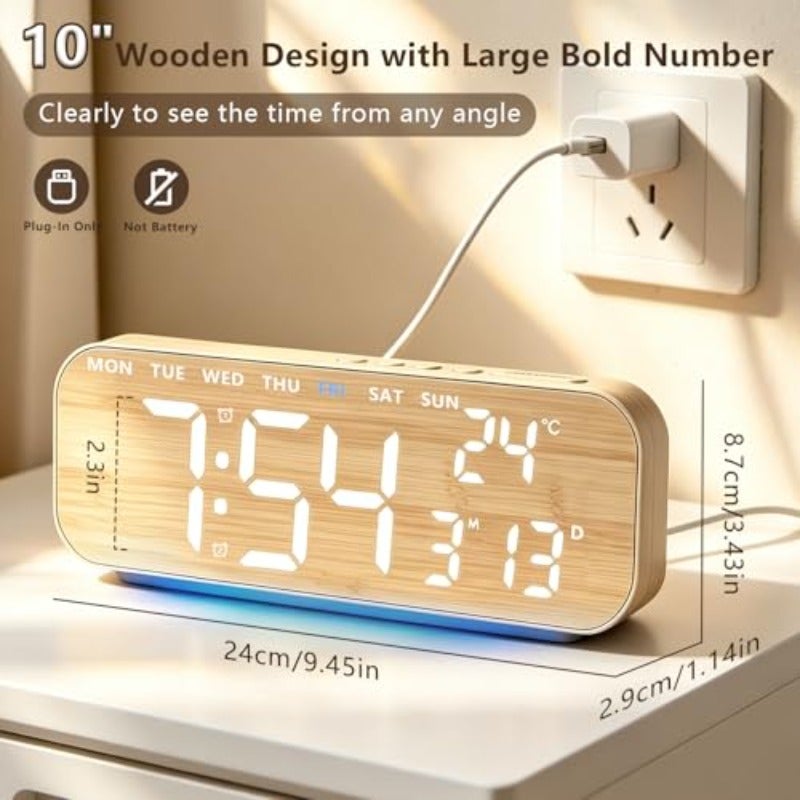 10'' Digital Alarm Clock LED Digital Clock with RGB Ambient Light with Day Date Temperature 12 24H Dual Alarm Snooze Bedside Desk Table Clock for Bedroom Office Elderly Wood Finish - Image 2