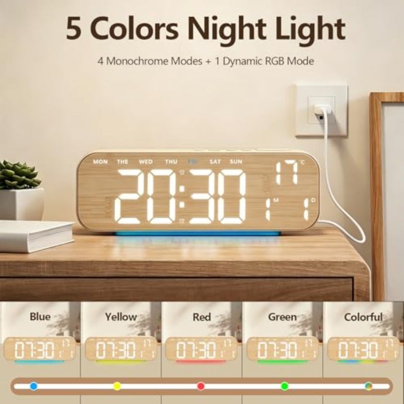 10'' Digital Alarm Clock LED Digital Clock with RGB Ambient Light with Day Date Temperature 12 24H Dual Alarm Snooze Bedside Desk Table Clock for Bedroom Office Elderly Wood Finish - Image 5