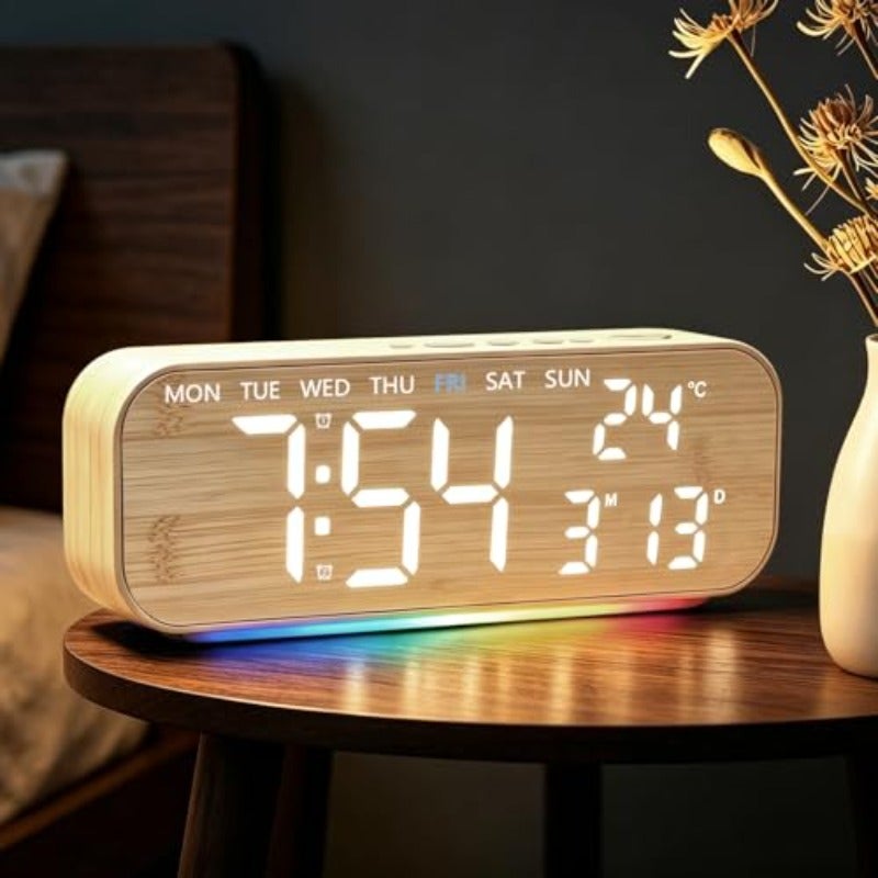 10'' Digital Alarm Clock LED Digital Clock with RGB Ambient Light with Day Date Temperature 12 24H Dual Alarm Snooze Bedside Desk Table Clock for Bedroom Office Elderly Wood Finish - Image 1