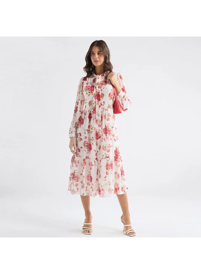 Splash FAV Floral Print Midi Dress with Pussybow Collar and Long Sleeves