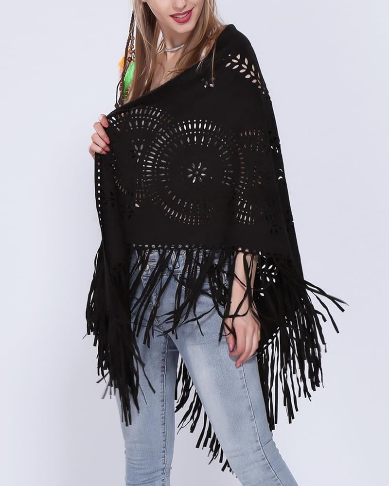 Pocadri Women's Faux Suede Shawls Fringe Lace Wraps Triangle Scarf Poncho Capes Tassel Open Front Blanket Cardigan Coat - Image 3