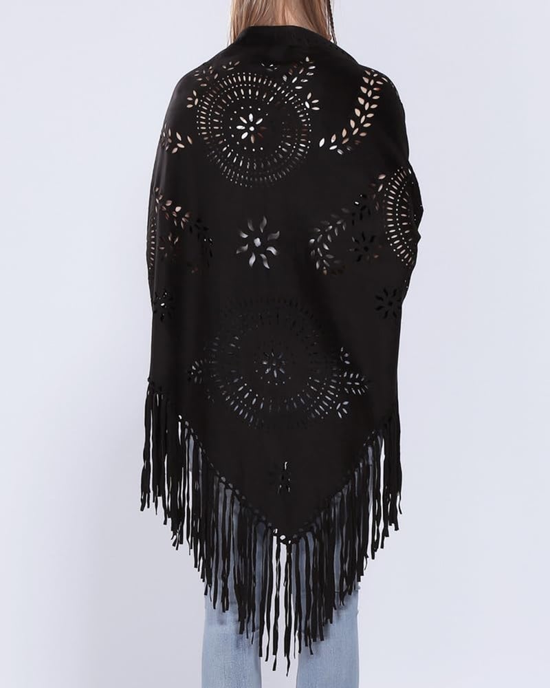 Pocadri Women's Faux Suede Shawls Fringe Lace Wraps Triangle Scarf Poncho Capes Tassel Open Front Blanket Cardigan Coat - Image 5