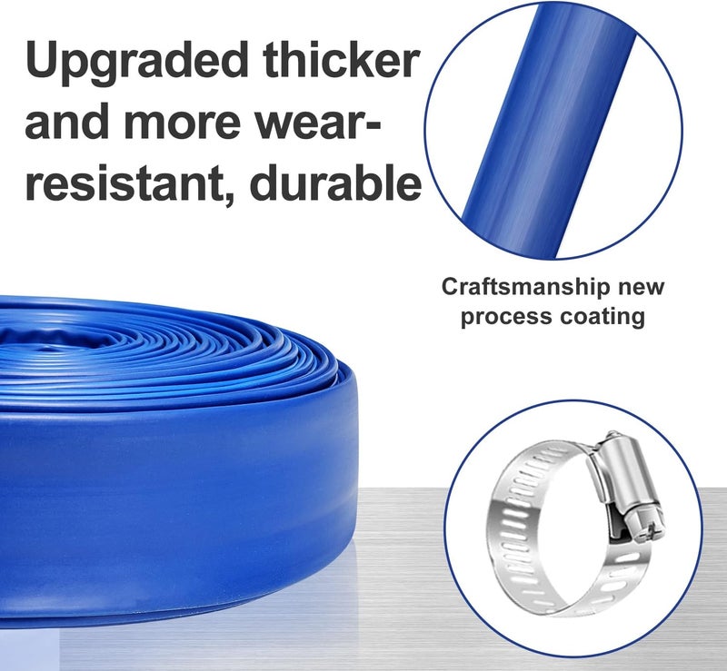 YASHINE PVC HOSE 2"*50ft, Pool Backwash Hose, Heavy Duty Reinforced Blue PVC Lay Flat Water, For Swimming Drain Pools and Clean Filters, with 2 Clamp - Image 2