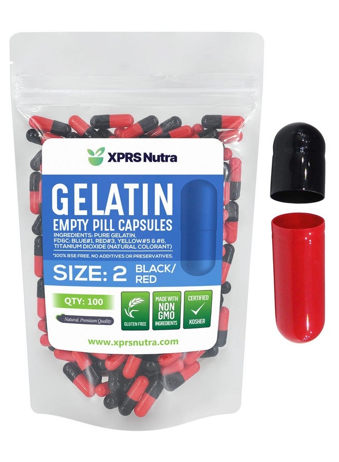XPRS Nutra Size 2 Empty Capsules - 100 Count Empty Gelatin Capsules - Empty Pill Capsules - DIY Capsule Filling - Pure Bovine Pill Capsules Empty Gel Caps (Black/Red) - Image 1