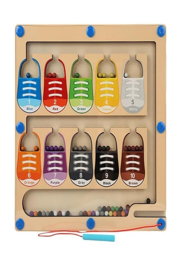 Funspark Color & Number Maze - Montessori Wooden Color Matching Learning Counting Puzzle Board - Toddler Fine Motor Skills Toys for Boys Girls 3 4 5 Years Old(Magnetic Shoes Color and Number) - Image 1