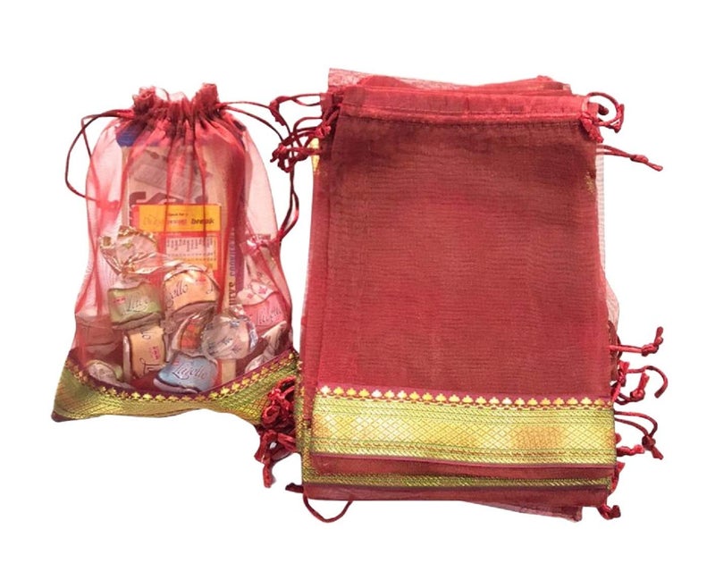 Moira Unisex Gift Potli Bags Silk Brocade Pack of 10 (Dark Maroon,23 cm X 18 cm) - Image 1