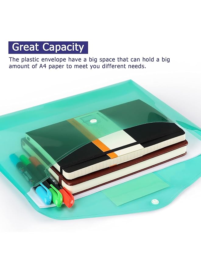 SAGREENY 6 Pack Clear Document Folders Plastic Envelopes Poly Envelopes File Envelopes With Label Pocket And Snap Button For Home Work Office Organization Letter Size A4 Size 6 Colors - Image 5