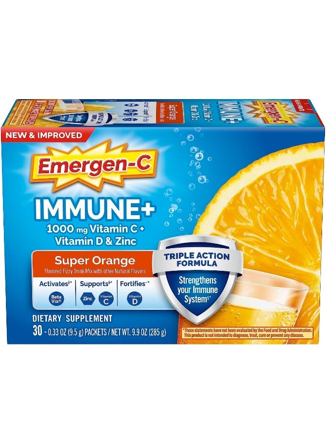 Emergen-C Immune+ 1000Mg Vitamin C Powder, With Vitamin D, Zinc, Antioxidants And Electrolytes For Immunity, Immune Support Dietary Supplement, Super Orange Flavor - 30 Count/1 Month Supply - Image 1