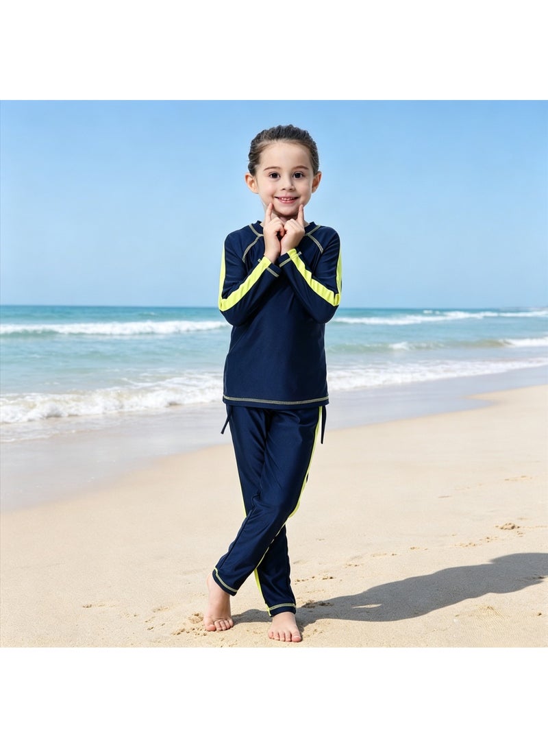 3-Piece Modest Muslim Swimwear for Boys & Girls, Dark Blue Long Sleeve Full Cover Swimsuit with Swim Cap, UV Protection Quick Dry Kids Islamic Swimming Costume - Image 1