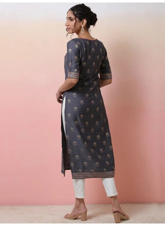 AKS  Grey Foil Print Placement Print Viscose Kurta for Women | Best Price UAE