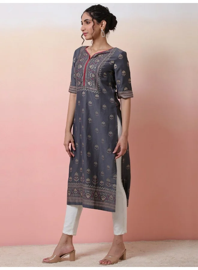 AKS  Grey Foil Print Placement Print Viscose Kurta for Women | Best Price UAE