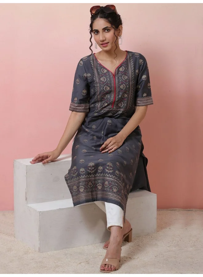 AKS  Grey Foil Print Placement Print Viscose Kurta for Women | Best Price UAE