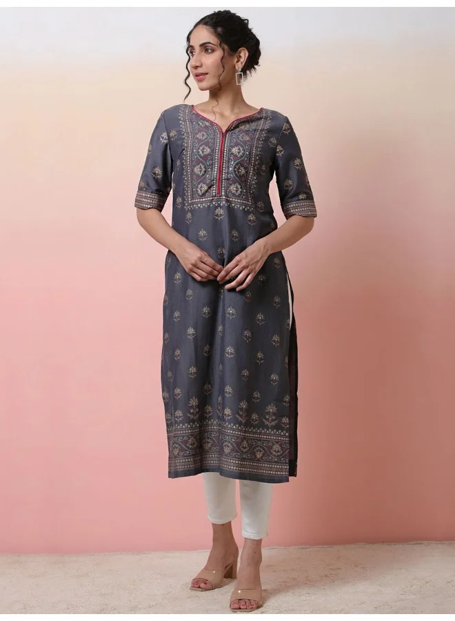أيه كيه إس Grey Foil Print Placement Print Viscose Kurta