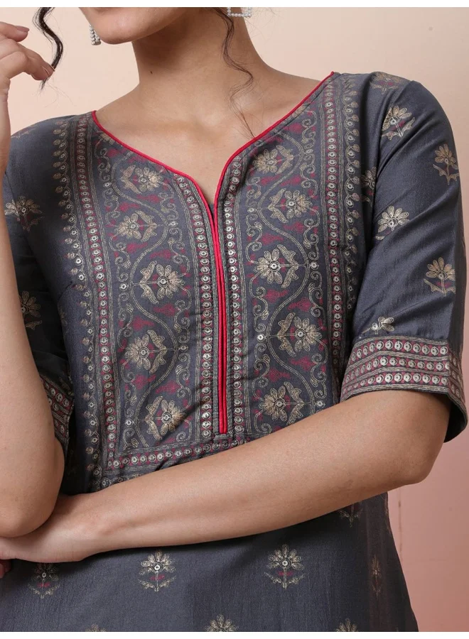 أيه كيه إس Grey Foil Print Placement Print Viscose Kurta