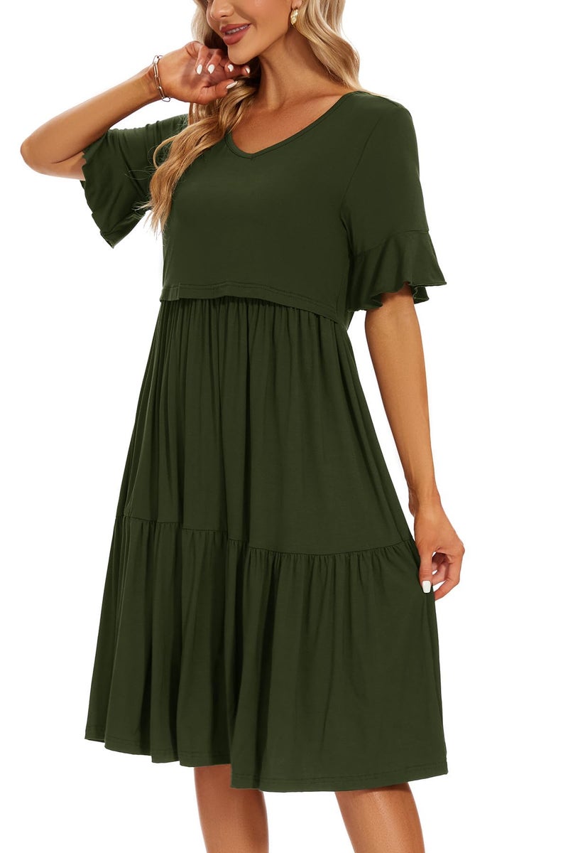 Smallshow Women's Maternity Nursing Dress Ruffle Short Sleeve Breastfeeding Clothes Medium Army Green - Image 3