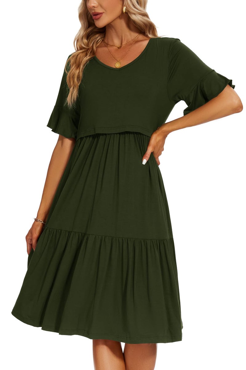 Smallshow Women's Maternity Nursing Dress Ruffle Short Sleeve Breastfeeding Clothes Medium Army Green - Image 4