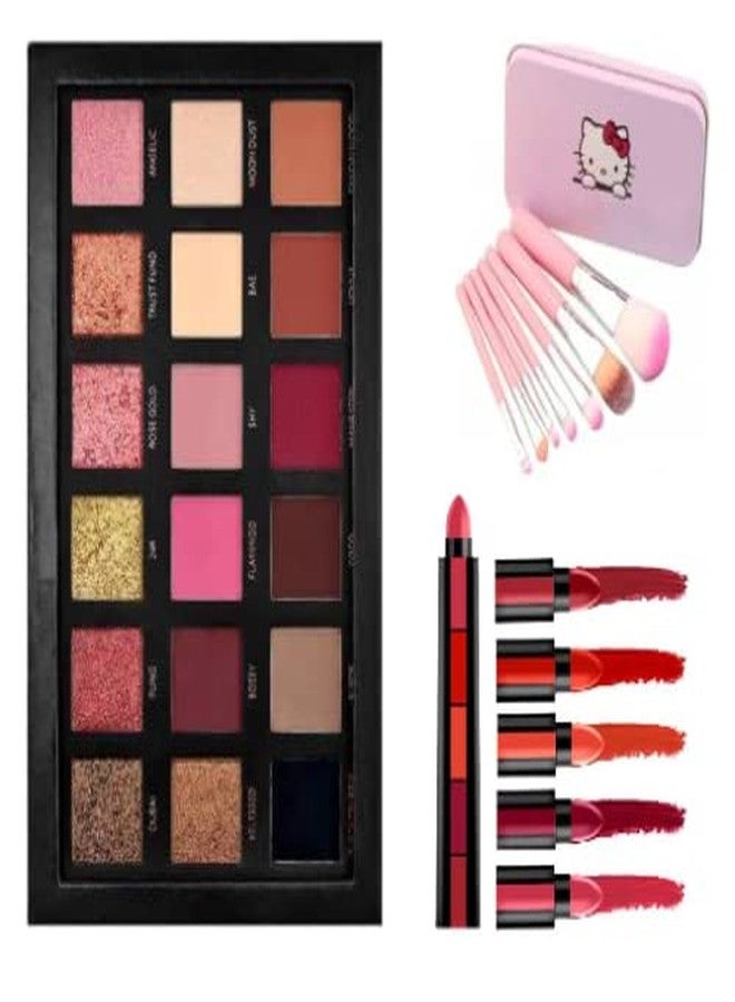 PROTYA PRO TYA 18 Color Rose Gold Eyeshadow Kit + Hello Kitty Makeup Brush + 5 In 1 Lipstic Red - Image 2