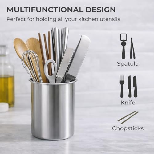 plplaaoo Kitchen Stainless Steel Utensil Holder,Kitchen Utensil Holder Multipurpose Large Capacity Mess Proof 304 Stainless Steel Utensil Holder for Countertop (plplaaoozC5pjz-12) - Image 3