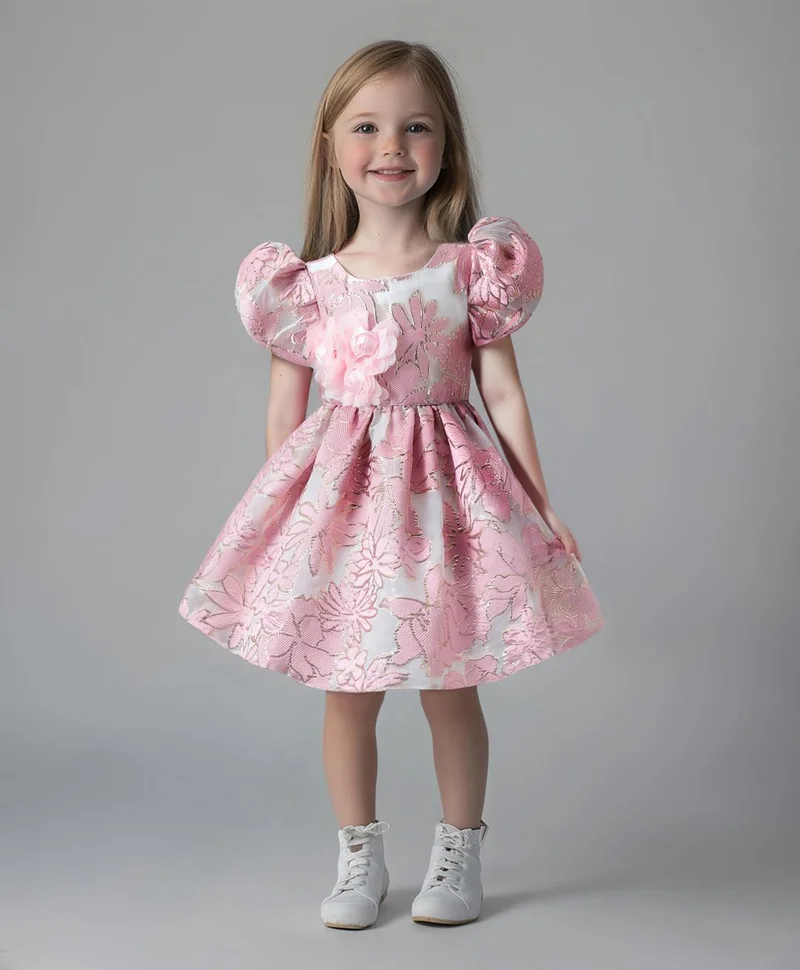 مارك وميا فستان حفلات مارك وميا بأكمام منفوشة وتفاصيل زهور وردي