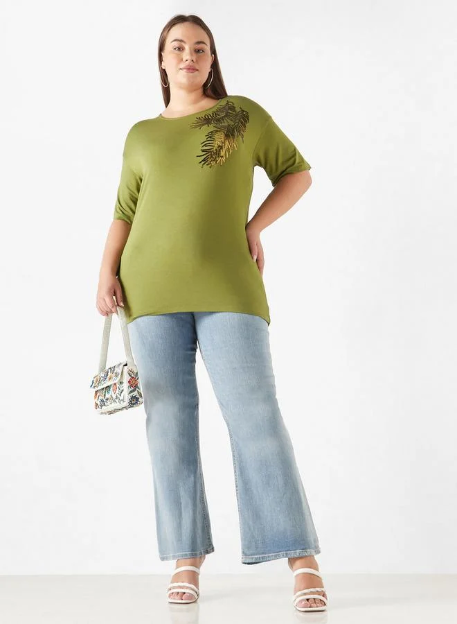 Ulla Popken Plus Size Ulla Popken Embellished T-Shirt with Drop Shoulder Sleeves