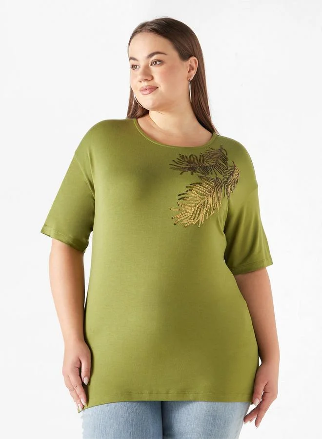 Ulla Popken Plus Size Ulla Popken Embellished T-Shirt with Drop Shoulder Sleeves