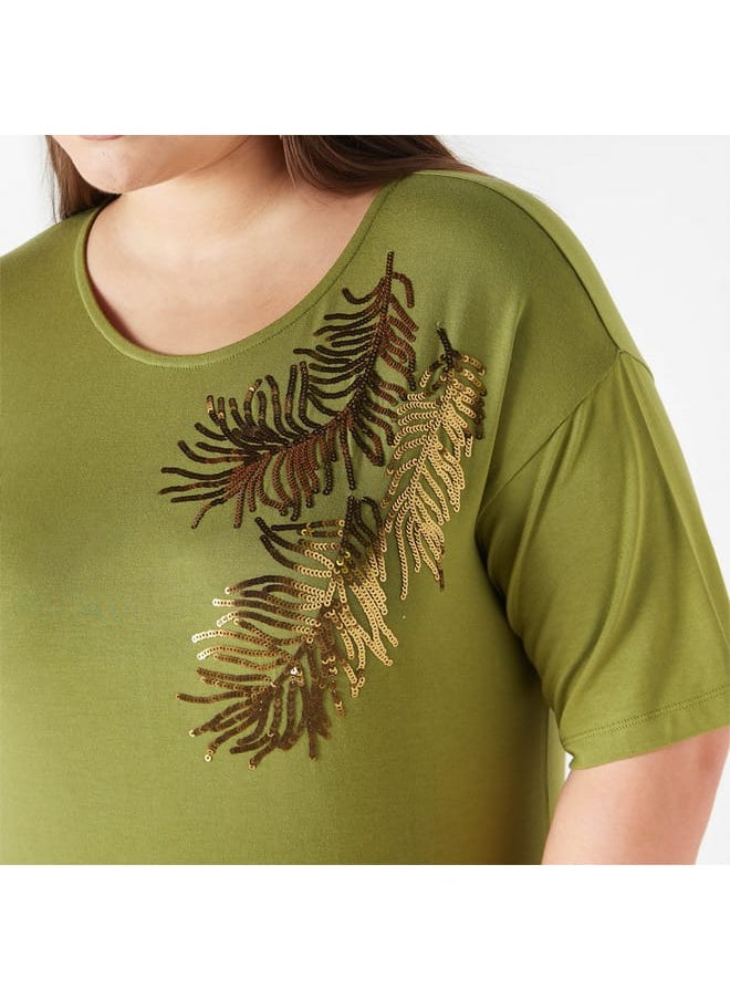 Ulla Popken Plus Size Ulla Popken Embellished T-Shirt with Drop Shoulder Sleeves  - Image 4
