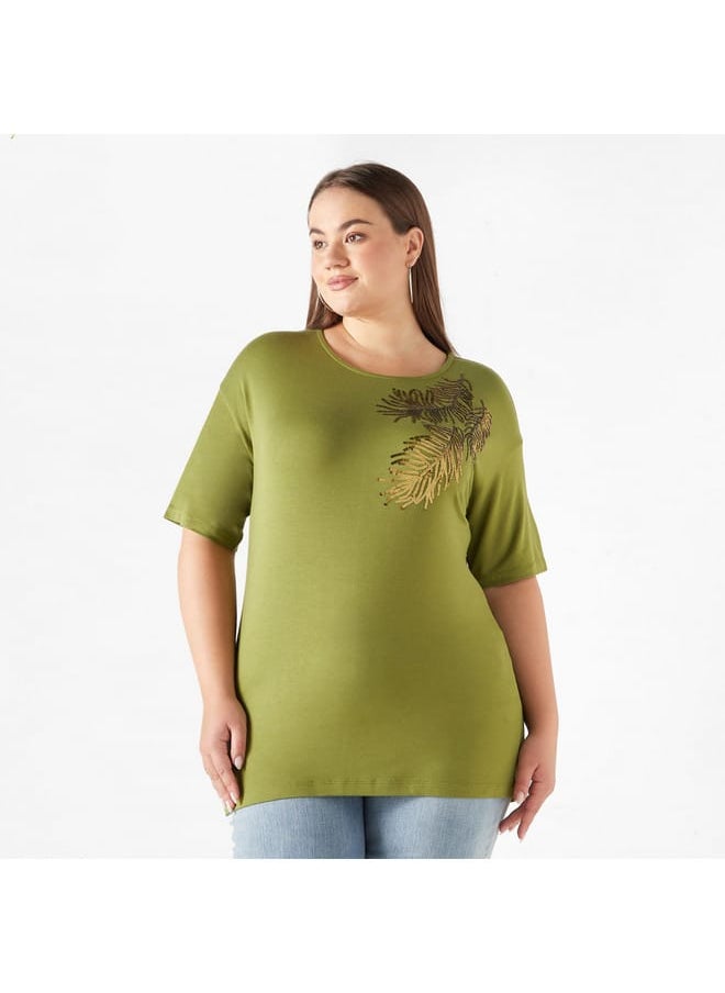 Ulla Popken Plus Size Ulla Popken Embellished T-Shirt with Drop Shoulder Sleeves  - Image 1