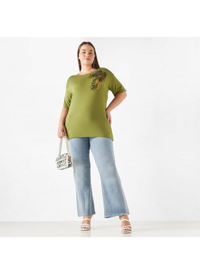 Ulla Popken Plus Size Ulla Popken Embellished T-Shirt with Drop Shoulder Sleeves  - Image 2