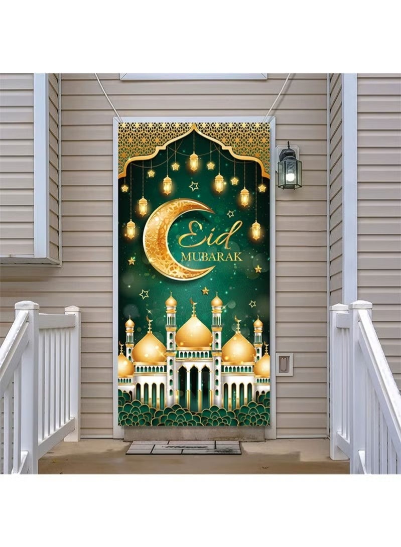 إيليلي أغطية أبواب عيد مبارك، زينة رمضان، هلال ونجوم، لافتة باب إسلامية مزخرفة، أنماط زينة للعطلات، لوازم للمنزل والمكتب (90 × 180 سم) - Image 1