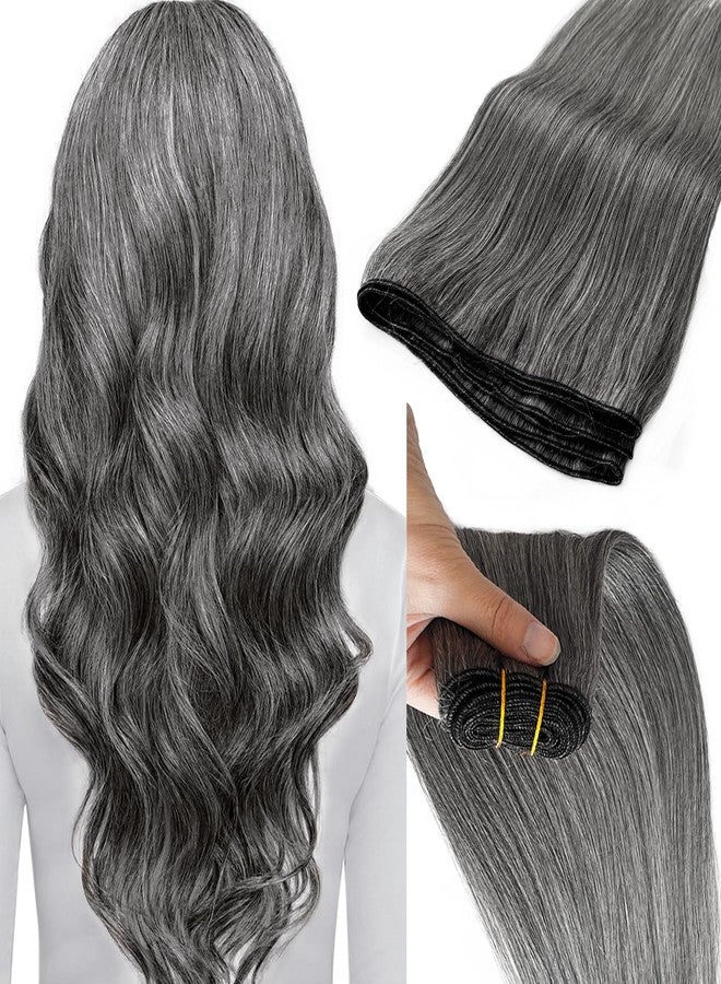 Valiilo Weft Hair Extensions Human Hair Grey White Sew in Weave Bundles Salt & Pepper Hand Tied Double Weft Straight 16 Inch Sew in Hair Extension for Women Real Human Hair 100G - Image 1