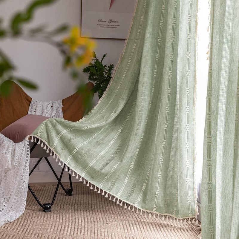 ColorBird Green Spring Curtains for Living Room Boho Curtains & Drapes Light Filtering Linen Textured Modern Farmhouse Decor Embroidered Striped 63 Inch Length for Dining Room Bedroom - Image 1