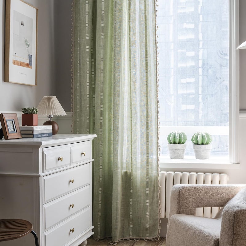 ColorBird Green Spring Curtains for Living Room Boho Curtains & Drapes Light Filtering Linen Textured Modern Farmhouse Decor Embroidered Striped 63 Inch Length for Dining Room Bedroom - Image 2