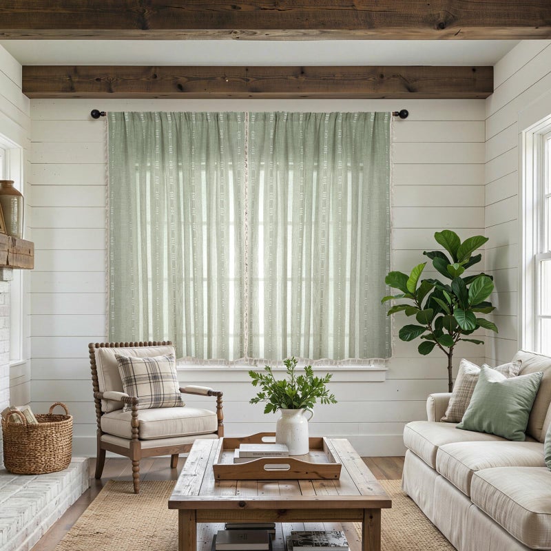 ColorBird Green Spring Curtains for Living Room Boho Curtains & Drapes Light Filtering Linen Textured Modern Farmhouse Decor Embroidered Striped 63 Inch Length for Dining Room Bedroom - Image 4