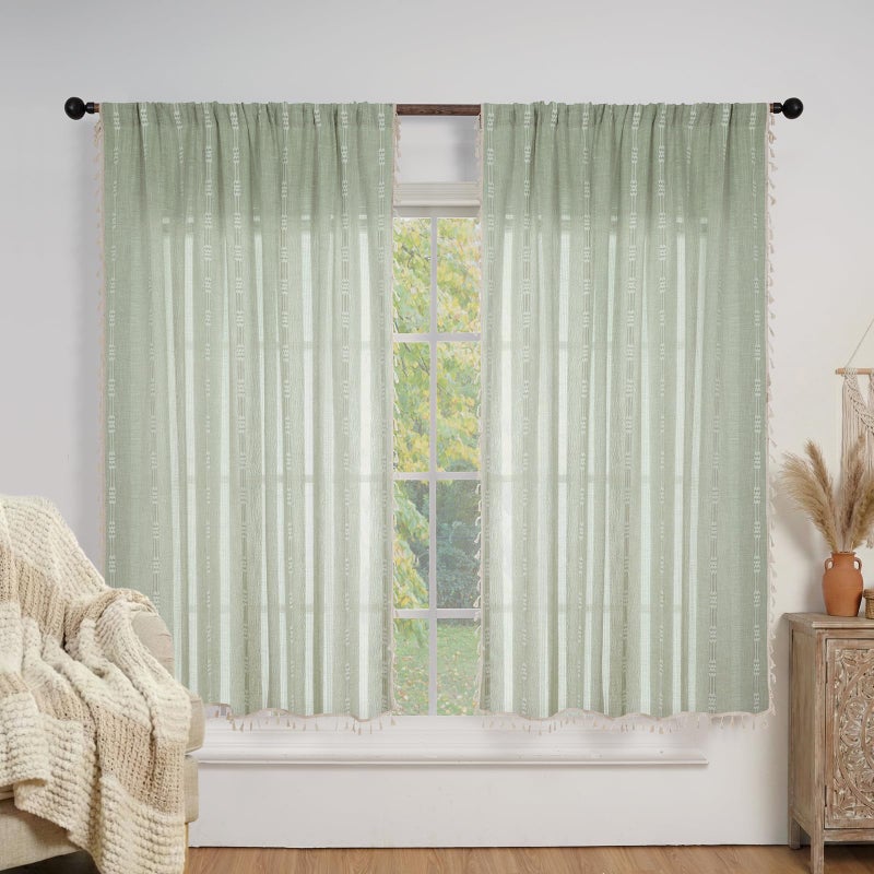 ColorBird Green Spring Curtains for Living Room Boho Curtains & Drapes Light Filtering Linen Textured Modern Farmhouse Decor Embroidered Striped 63 Inch Length for Dining Room Bedroom - Image 3