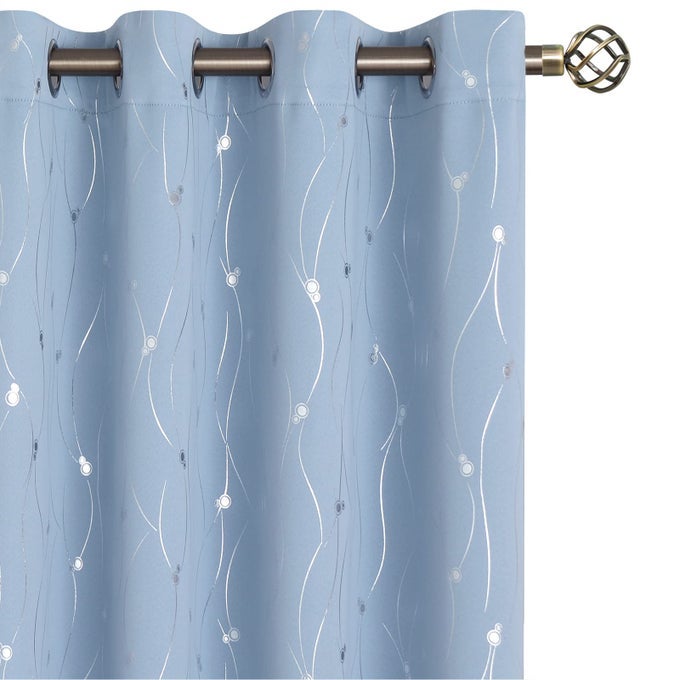 ROOM DARKENING CURTAINS 84 INCHES LONG GROMMET THERMAL INSULATED BLACKOUT CURTAINS WITH WAVE LINE AND DOTS PRINTED FOR BEDROOM 2 PANELS EACH 52 X 84 INCH LIGHT BLUE