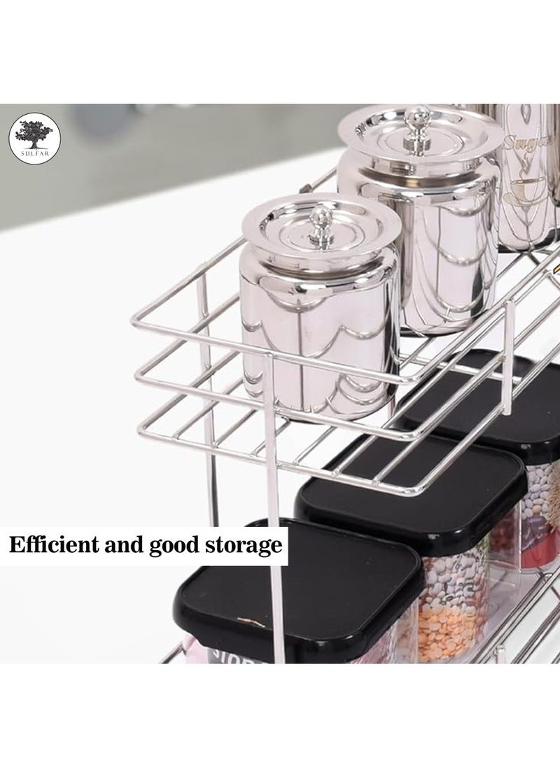 sulfar 2 Layer Stainless Steel Trolley with Kitchen Dish Drying Rack & Vegetable Fruit Storage Trolley Basket Stand with Wheel for Modern Kitchen Organizer (Silver) Pack of 1  - Image 5