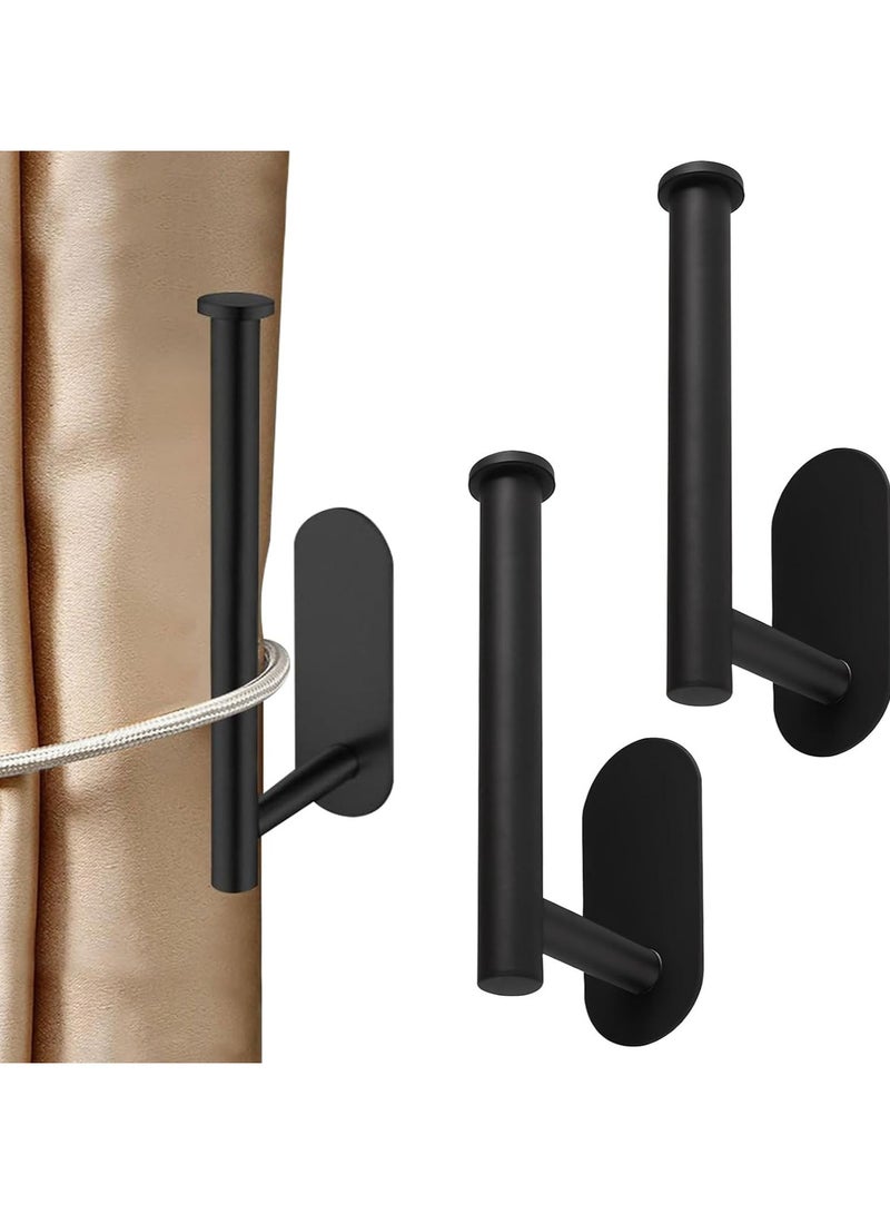 CMGTYYD 2 Black Self-Adhesive Curtain Hooks, Metal Drill-Free L-Shaped Fixer with 1 Curtain Tie Back for Living Room and Bedroom Curtains, Black - Image 1