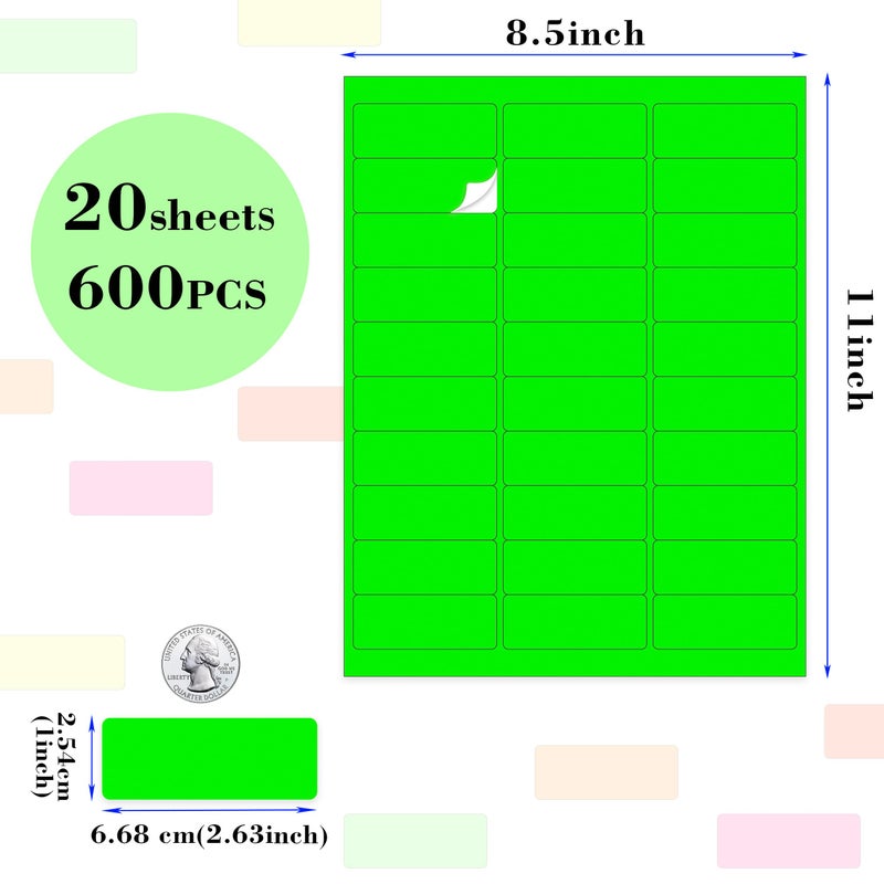 YSHIHE 1" x 2-5/8" Fluorescent Address Labels 5 Colors Neon Stickers for Inkjet or Laser Printer Moving Lables for Shipping Envelopes Envelopes and Organization - 20 Sheets 600 PCS - Image 2