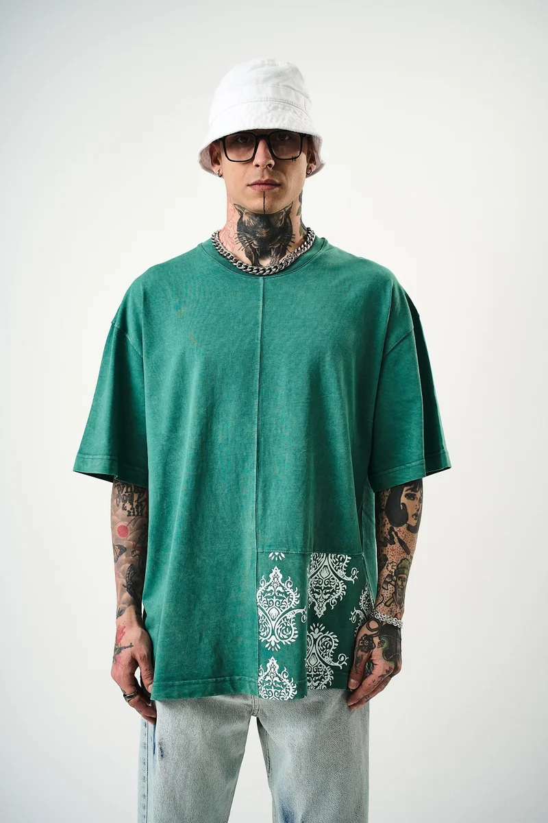 RESPIRE Men's Paisley Print Washed Oversize T-Shirt, Green