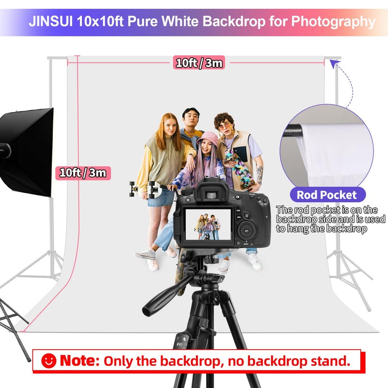 JINSUI White Backdrop for Photoshoot, 10x10 ft Photo Backdrop Curtain Double-Side for Photography, Polyester Fabric White Background Screen for Photographic Studio Baby Picture Party Prop (Backdrop Only) - Image 2